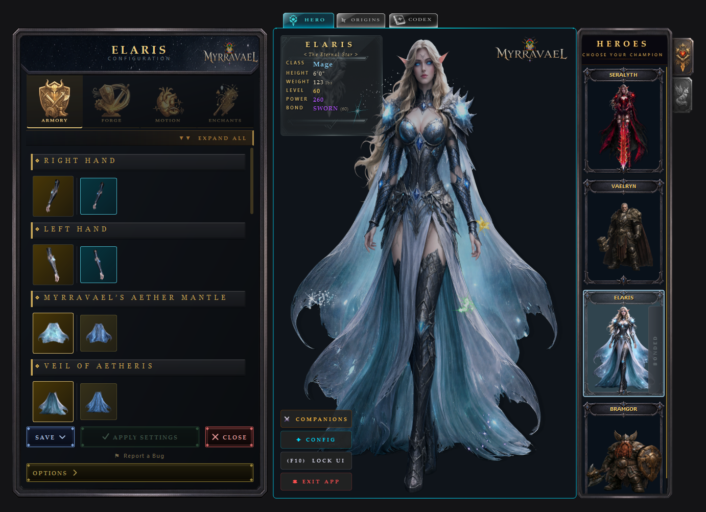 Elaris in Myrravael — armory, config, hero select
