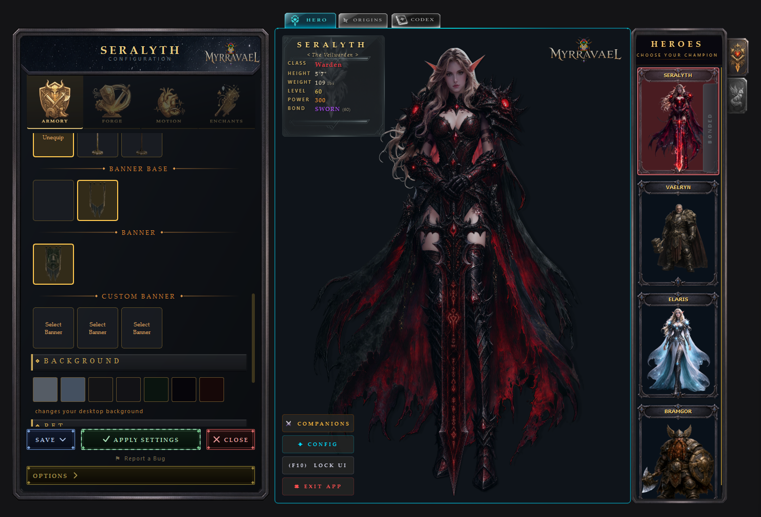Seralyth in Myrravael — armory, config, hero select