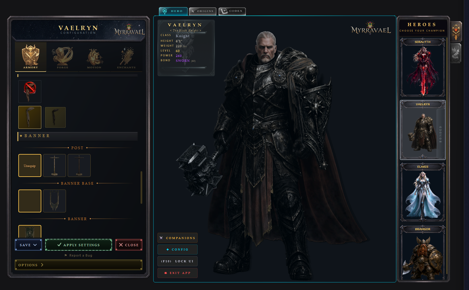 Vaelryn in Myrravael — armory, config, hero select